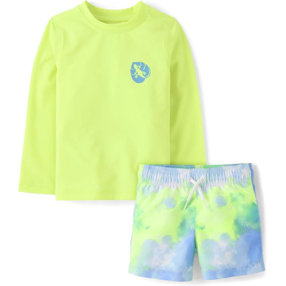 imageThe Childrens Place BabyBoys and Toddler Long Sleeve Rashguard and Swim Trunks 2 Piece SetTie Dye Gecko