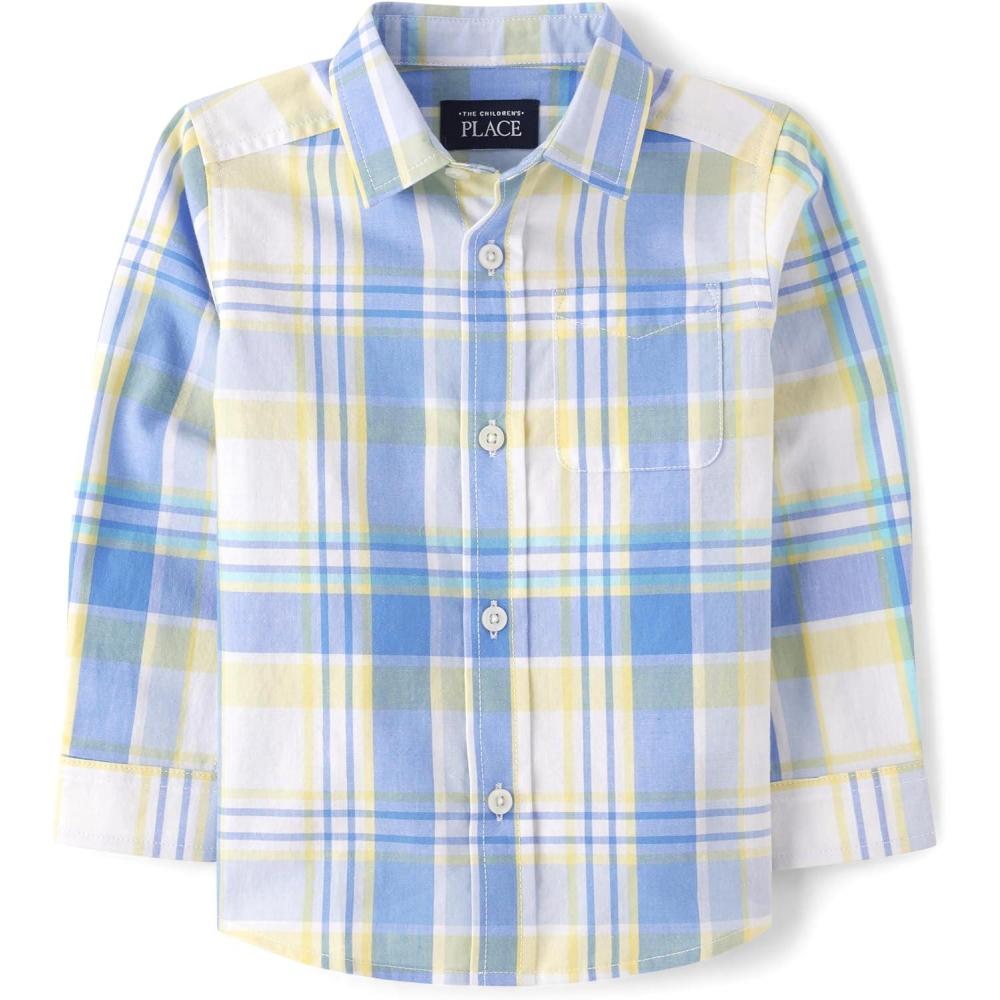 imageThe Childrens Place BabyBoys and Toddler Poplin Long Sleeve Button Down ShirtBlue Yellow Plaid