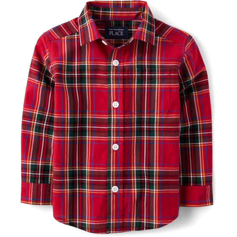 imageThe Childrens Place BabyBoys and Toddler Poplin Long Sleeve Button Down ShirtRed Tartan Print