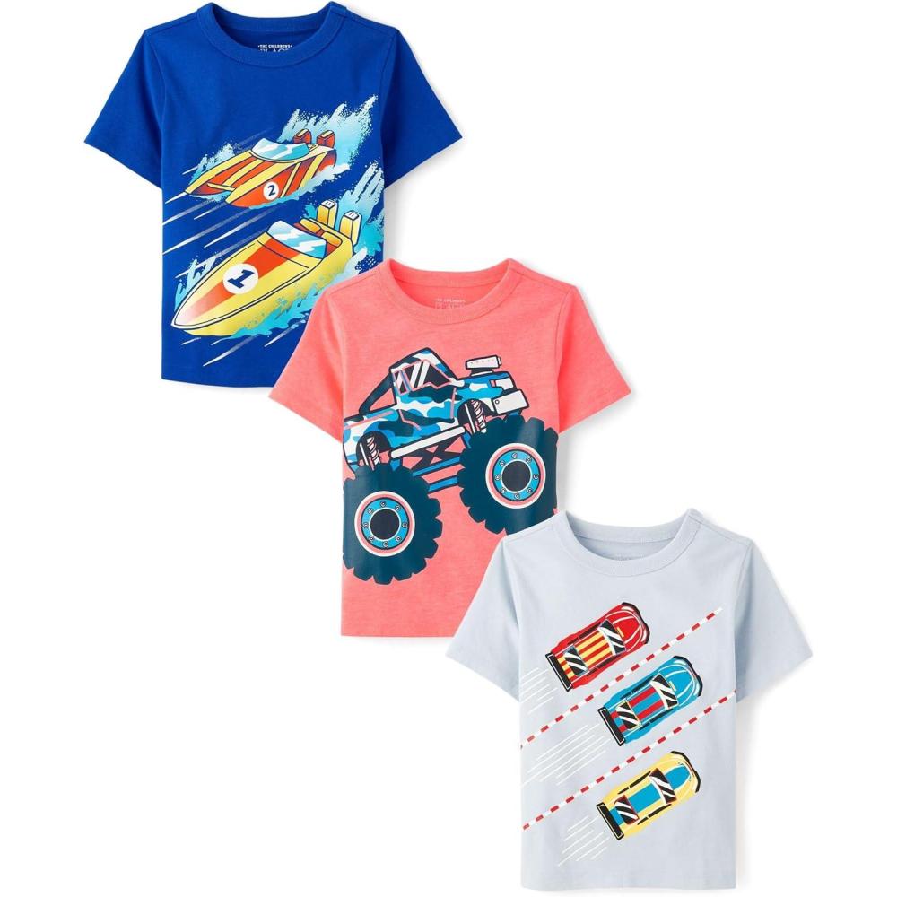 imageThe Childrens Place BabyBoys and Toddler SportsCarsTrucks Short Sleeve Graphic TShirts3 PackBoatsTruckRacers 3pack