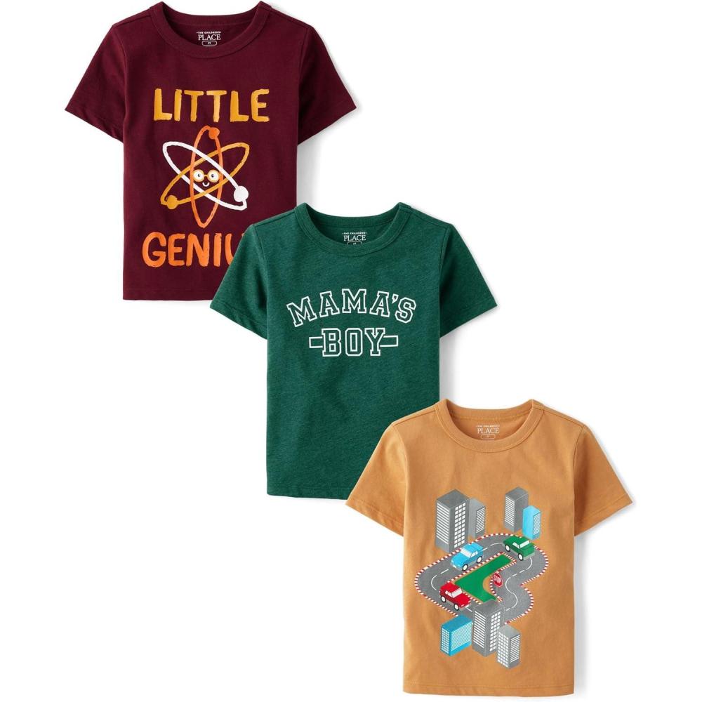 imageThe Childrens Place BabyBoys and Toddler SportsCarsTrucks Short Sleeve Graphic TShirts3 PackMamas BoyGeniusCars