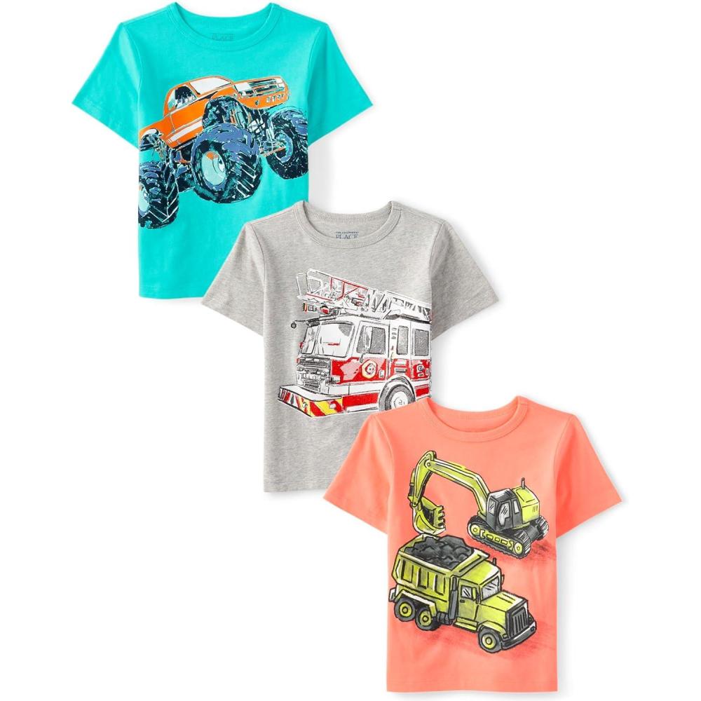 imageThe Childrens Place BabyBoys and Toddler SportsCarsTrucks Short Sleeve Graphic TShirts3 PackMonster TruckConstructionFire Truck