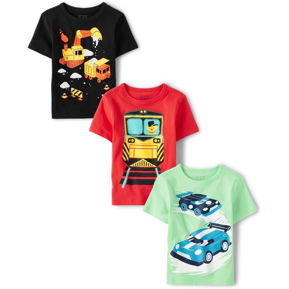imageThe Childrens Place BabyBoys and Toddler SportsCarsTrucks Short Sleeve Graphic TShirts3 PackRacecarsTrainConstruction