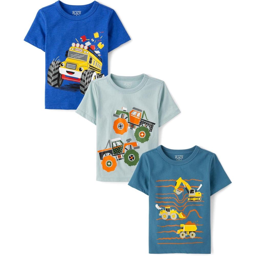 imageThe Childrens Place BabyBoys and Toddler SportsCarsTrucks Short Sleeve Graphic TShirts3 PackTruckConstructionSchool Bus