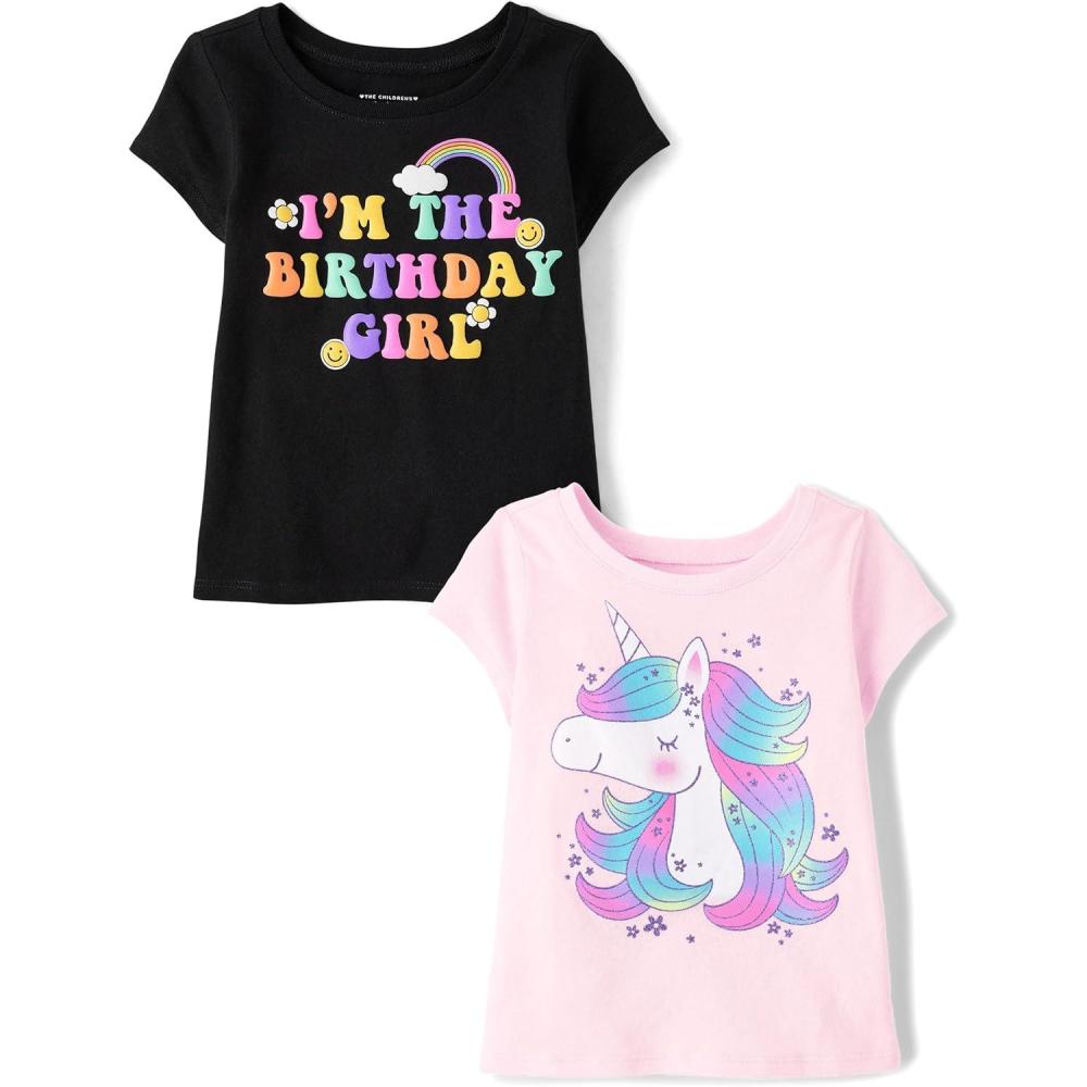 imageThe Childrens Place BabyGirls and Toddler All HolidaysBirthdays Short Sleeve Graphic TShirts2 PackIm Birthday GirlUnicorn