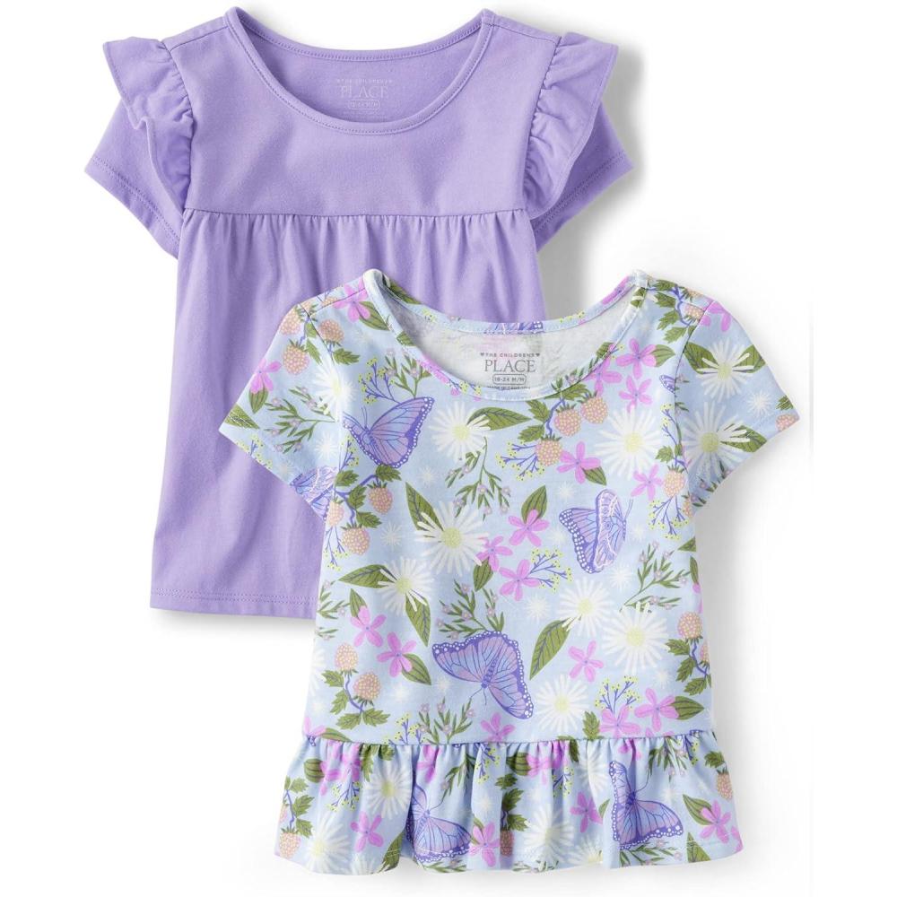 imageThe Childrens Place BabyGirls and Toddler Short Sleeve Flutter ShirtButterfly Garden 2pack