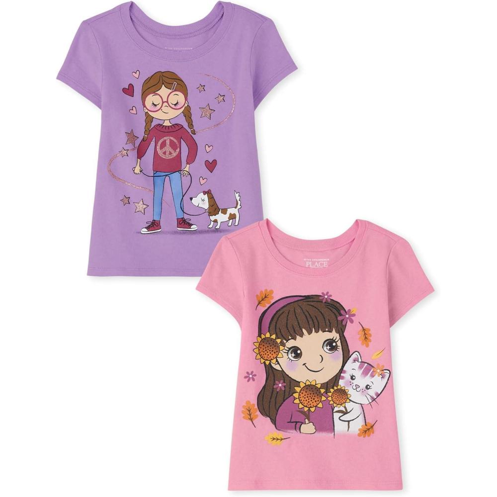 imageThe Childrens Place BabyGirls and Toddler UnicornsButterfliesTrends Short Sleeve Graphic TShirts2 PackGirl DogGirl Cat