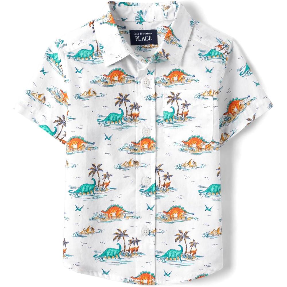 imageThe Childrens Place Boys and Toddler Poplin Short Sleeve Button Down ShirtBlue Orange Dino Print