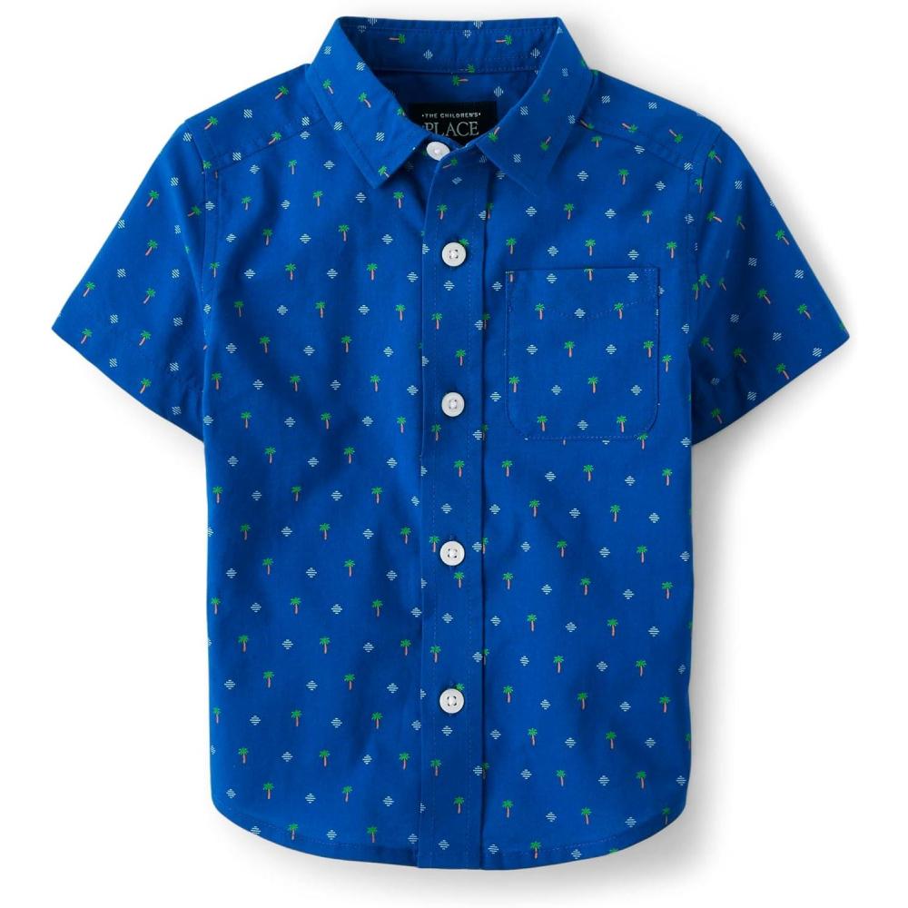 imageThe Childrens Place Boys and Toddler Poplin Short Sleeve Button Down ShirtBlue Palm Geo