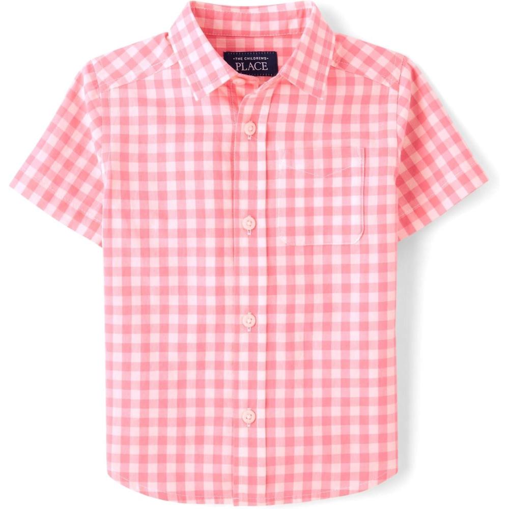 imageThe Childrens Place Boys and Toddler Poplin Short Sleeve Button Down ShirtCherry Plaid