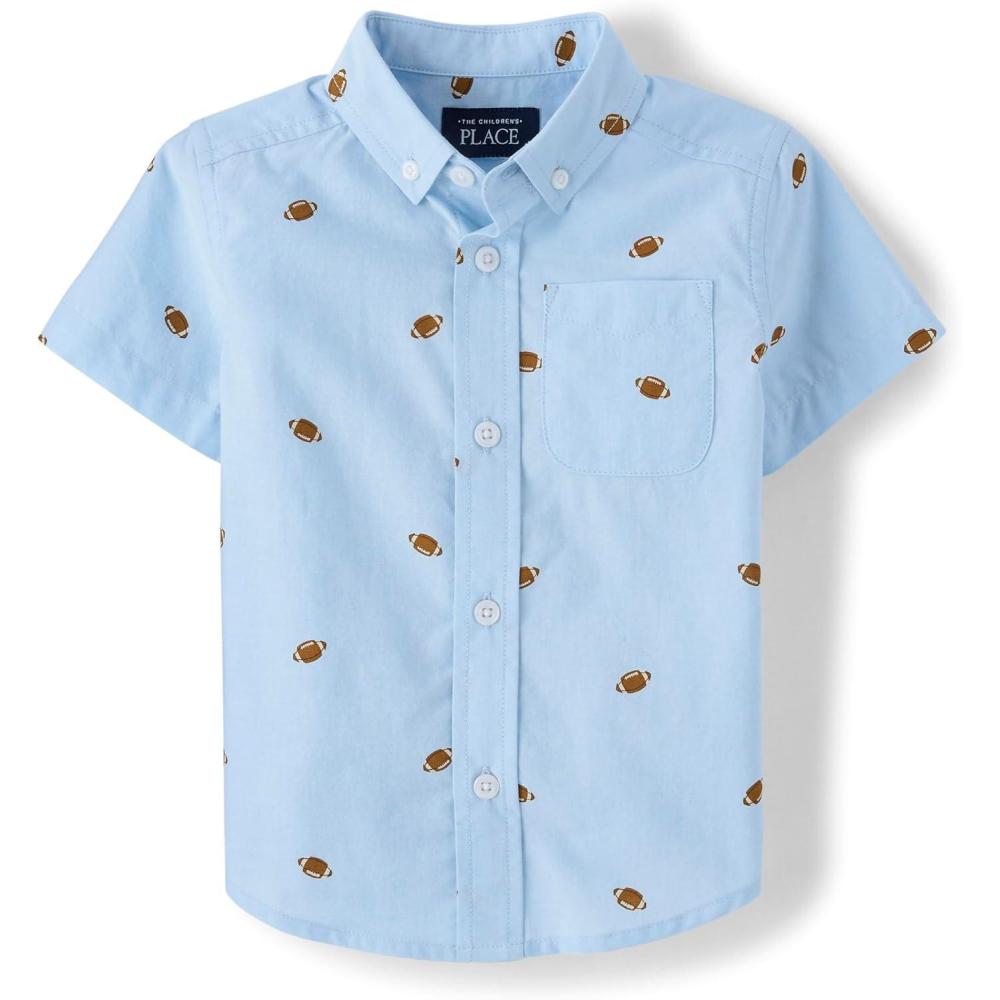 imageThe Childrens Place Boys and Toddler Poplin Short Sleeve Button Down ShirtFootball Print