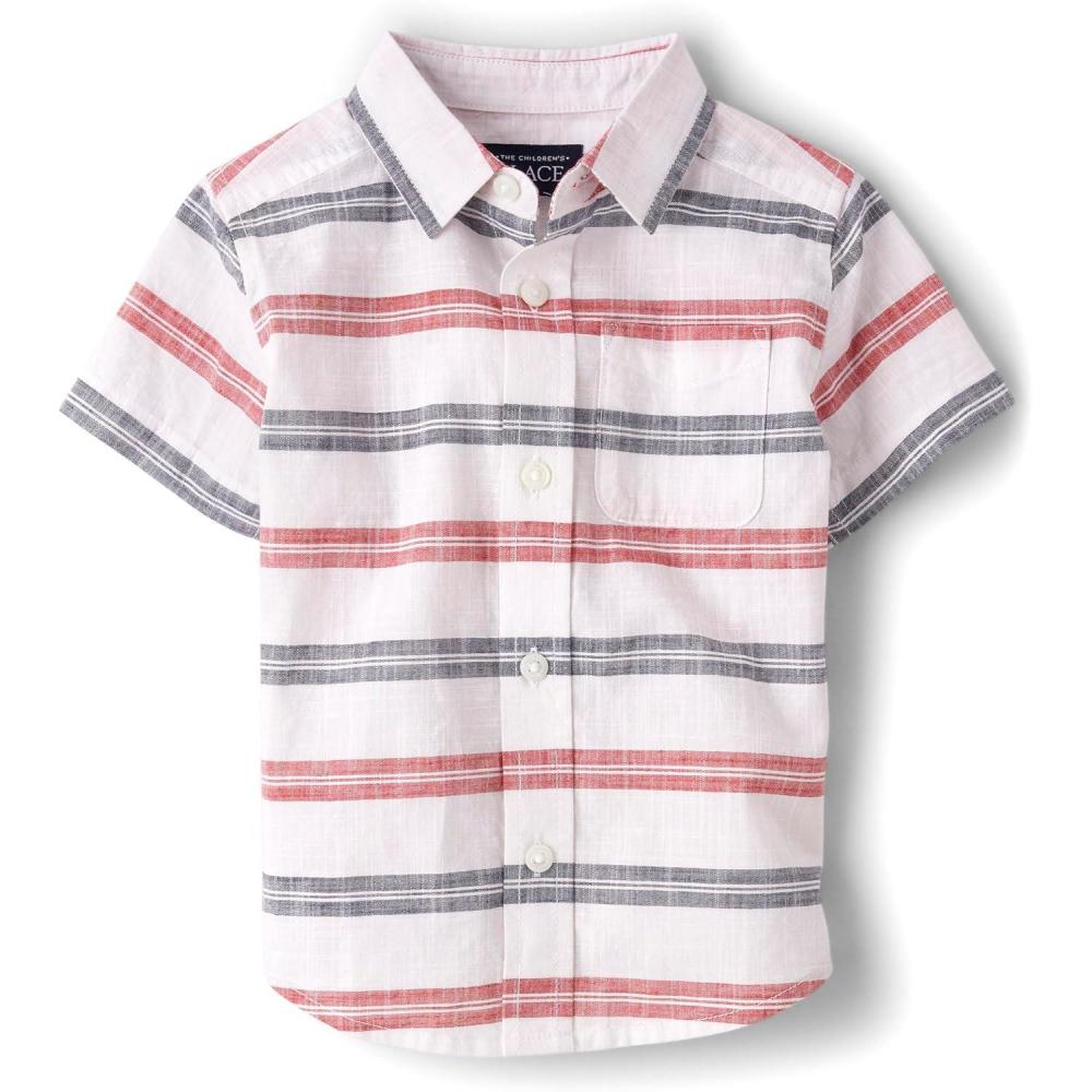 imageThe Childrens Place Boys and Toddler Poplin Short Sleeve Button Down ShirtRed White and Blue Horizontal Stripe