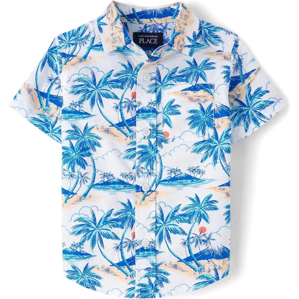 imageThe Childrens Place Boys and Toddler Poplin Short Sleeve Button Down ShirtWhite Palm Tree Print