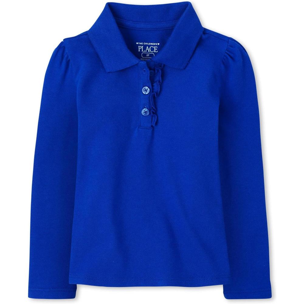 imageThe Childrens Place Girls Long Sleeve Ruffle Pique PoloRenew Blue Single