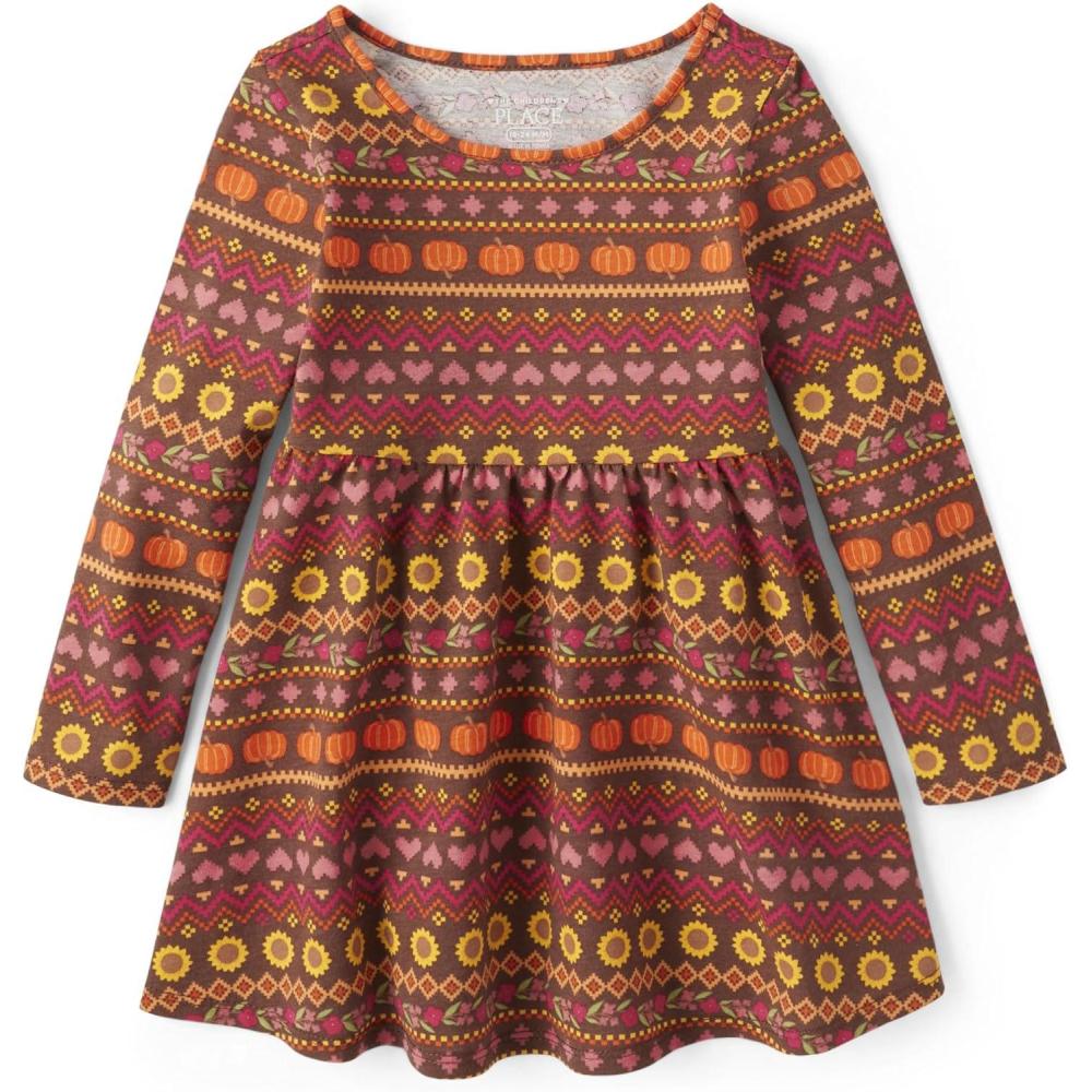 imageThe Childrens Place Girls and Toddler Skater Dress Long SleeveDark Earth