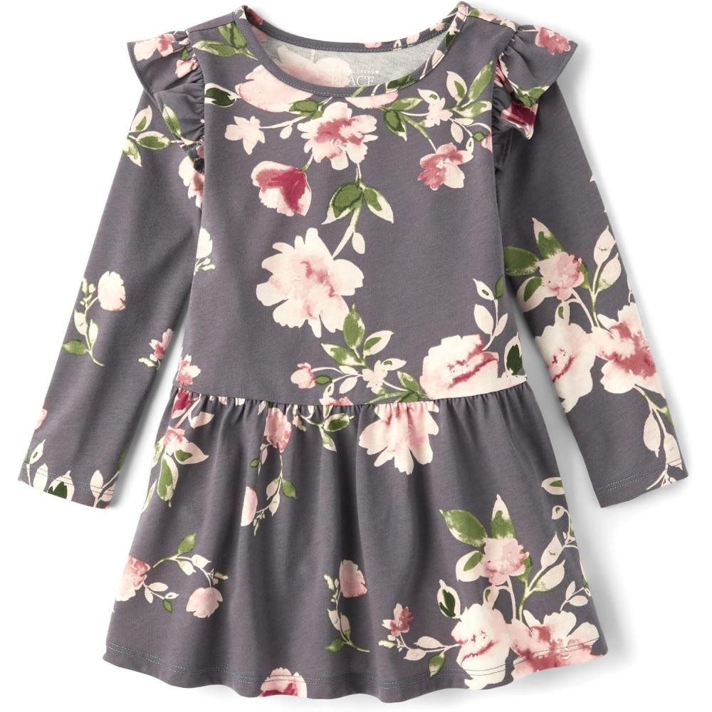 imageThe Childrens Place Girls and Toddler Skater Dress Long SleeveGray Floral