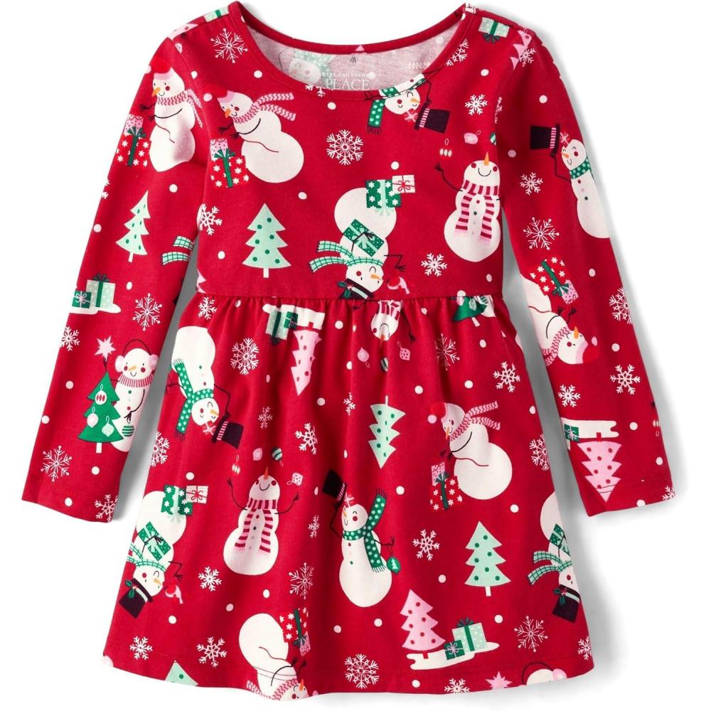 imageThe Childrens Place Girls and Toddler Skater Dress Long SleeveHoliday Snowmen