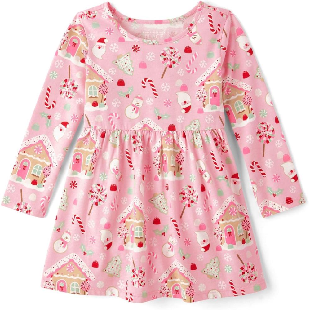 imageThe Childrens Place Girls and Toddler Skater Dress Long SleevePink Christmas Print