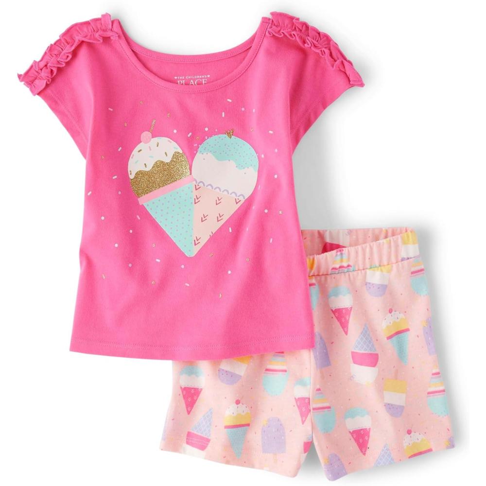imageThe Childrens Place babygirls And Toddler Short Sleeve Top and Shorts 2piece SetPink Ice Cream Set