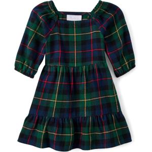 The Children’s Place Baby Girls’ Plaid Flannel Woven Tiered Dress(Green Plaid)