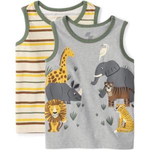 The Children’s Place Baby-Boys Baby Toddler Boys Graphic Tank Tops 2 Pack(Green Multi Stripe/Safari Animals)