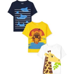 The Children’s Place Baby-Boys and Toddler Dino,Animals,Sharks Short Sleeve Graphic T-Shirts,3 Pack(Sharks/Giraffe/Lion)