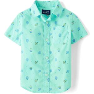 The Children’s Place Boys and Toddler Poplin Short Sleeve Button Down Shirt(Easter Egg Mint)