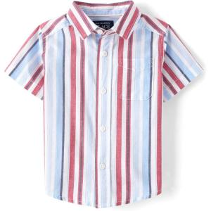 The Children’s Place Boys and Toddler Poplin Short Sleeve Button Down Shirt(Red White and Blue Vertical Stripe)