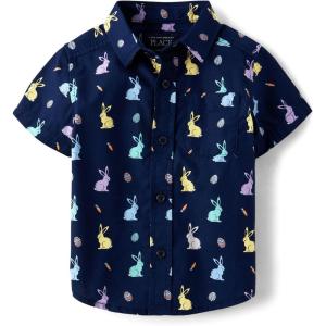 The Children’s Place Boys and Toddler Poplin Short Sleeve Button Down Shirt(Tidal Bunny)