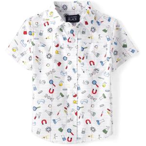 The Children’s Place Boys and Toddler Poplin Short Sleeve Button Down Shirt(White School Doodle)
