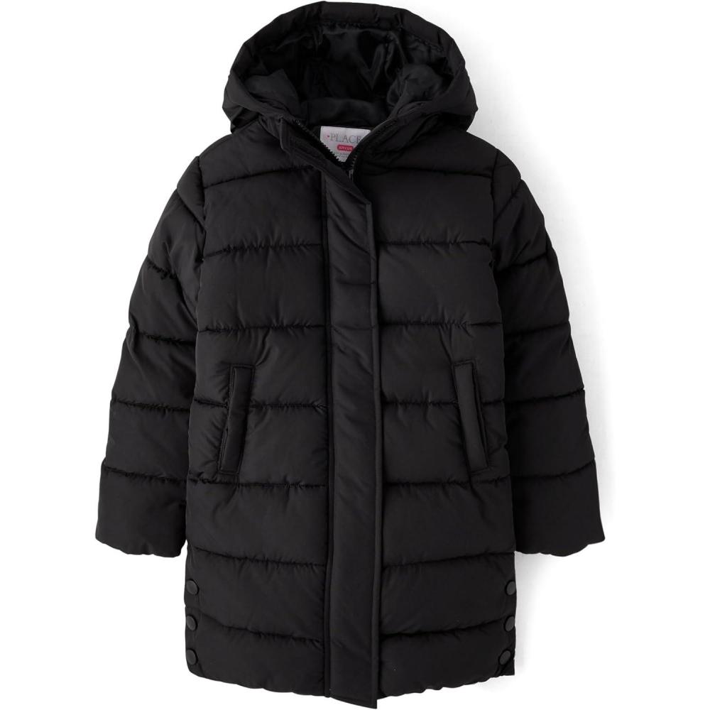 imageThe Childrens Place Girls Medium Weight Long Puffer Jacket Windresistant WaterresistantBlack Unlined