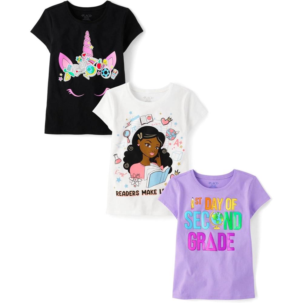 imageThe Childrens PlaceGirlsSchoolLearning Short Sleeve Graphic TShirts3 Pack1st Day of Second GradeReaderUnicorn