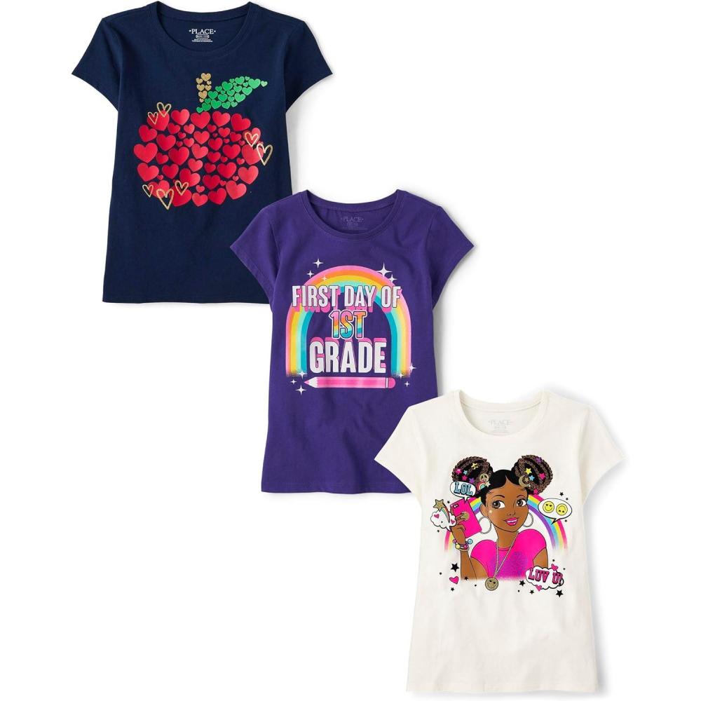 imageThe Childrens PlaceGirlsSchoolLearning Short Sleeve Graphic TShirts3 PackApple Hearts1st Day 1st GradeGirl