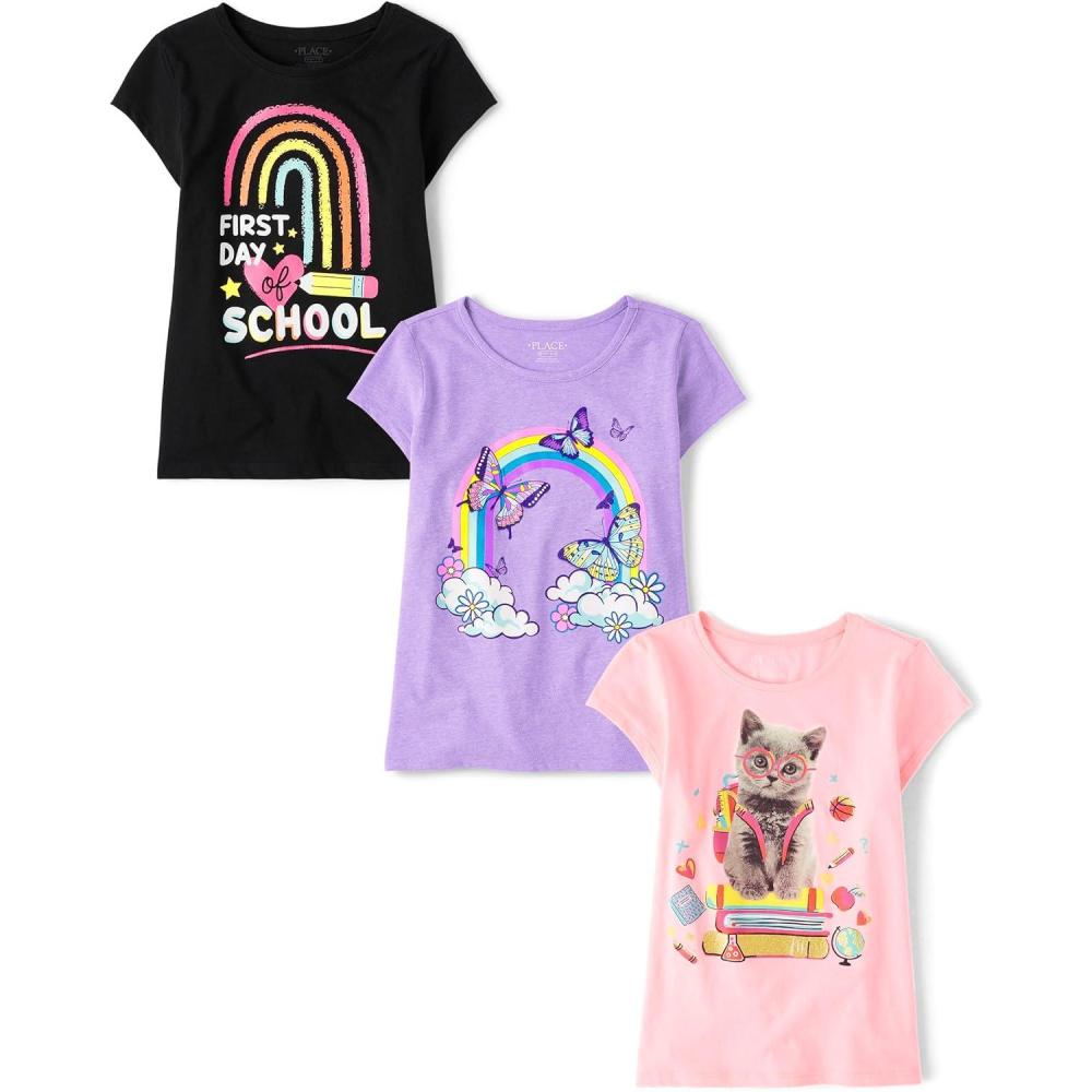 imageThe Childrens PlaceGirlsSchoolLearning Short Sleeve Graphic TShirts3 PackFirst Day of SchoolRainbowCat Books