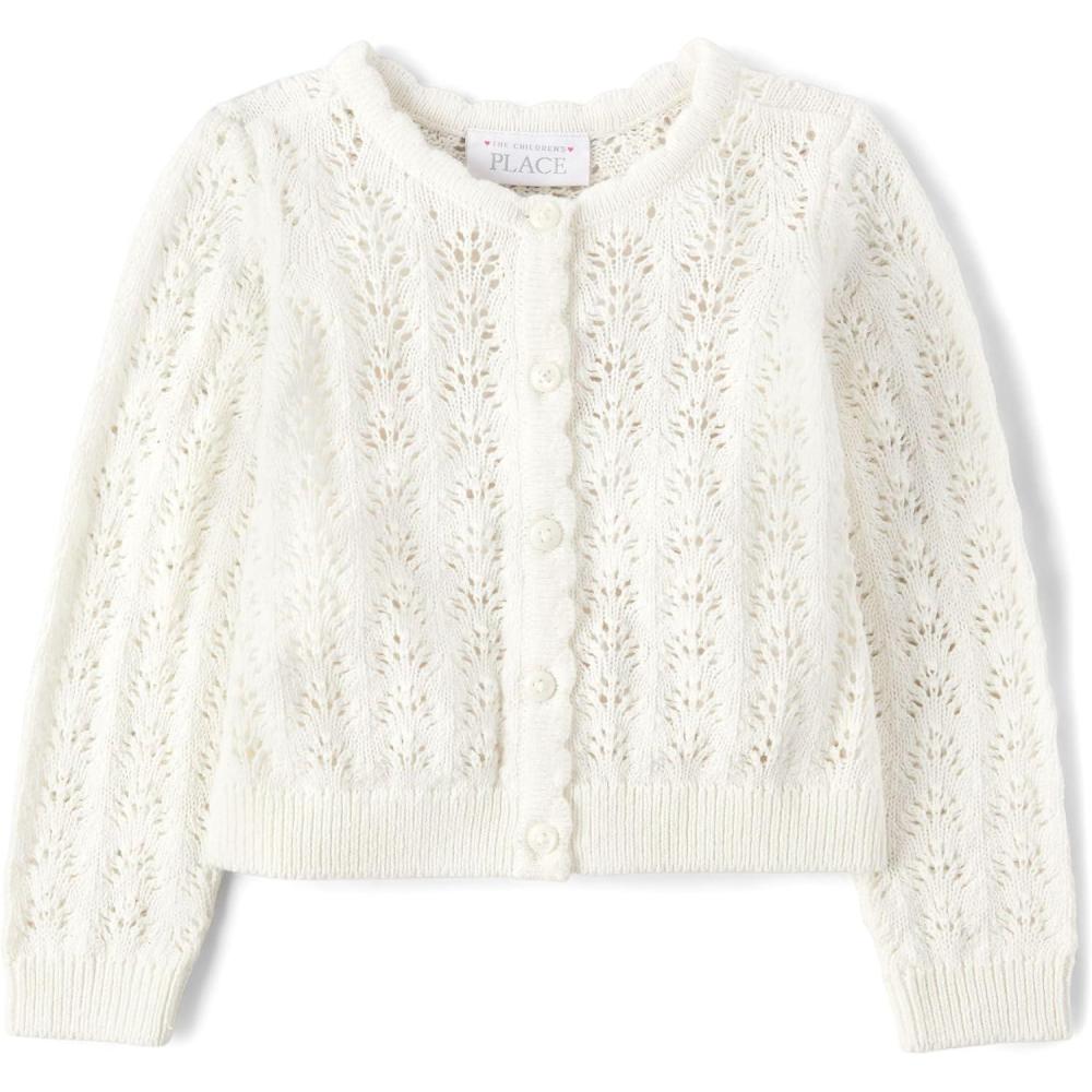 imageThe Childrens Place Baby Girls and Toddler Long Sleeve Knit Button Front CardiganWhite Pointelle