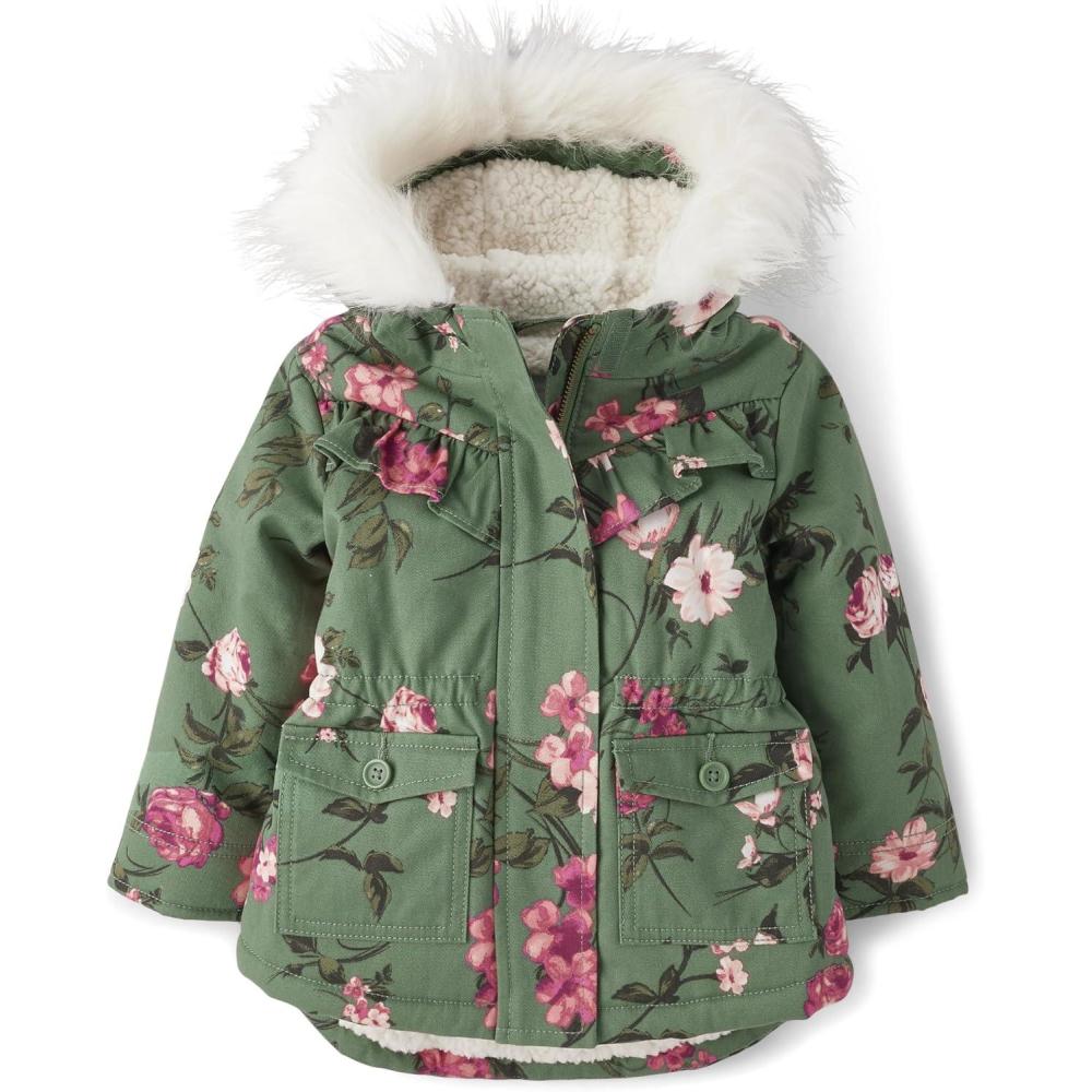 imageThe Childrens Place Baby Toddler Girl HeavyWeight Winter Parka Jacket Waterresitant Sherpa Lined Faux Fur Hood