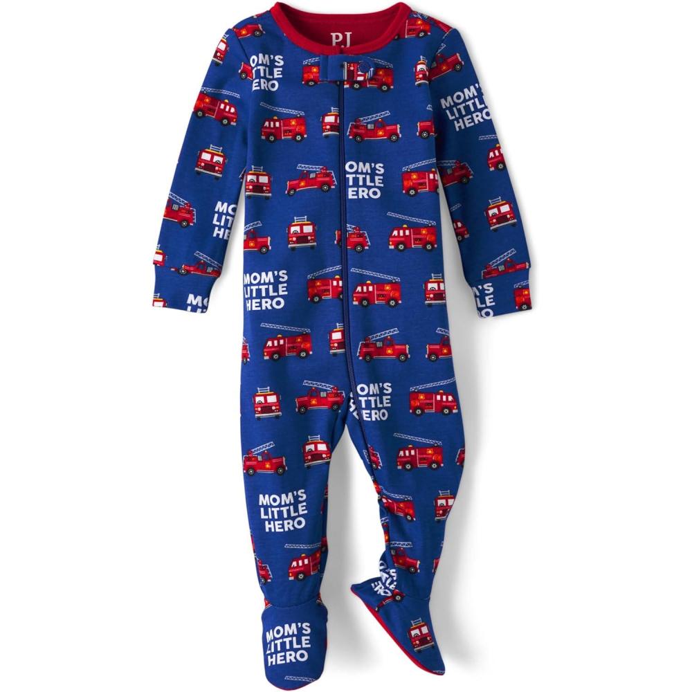 imageThe Childrens Place boys Long Sleeve 100 Cotton Zipfront One Piece Footed PajamasFire Trucks