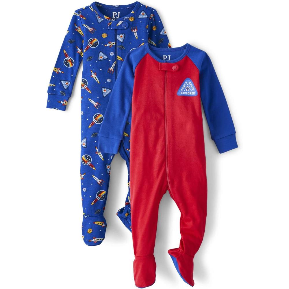 imageThe Childrens Place boys Long Sleeve 100 Cotton Zipfront One Piece Footed PajamasSpace BlueDaddys Explorer 2pack