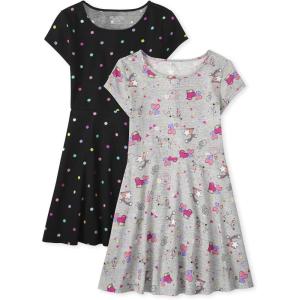 The Children’s Place Girls’ Plaid Stretch Jacquard Short Sleeve Dress(Black Dot/Unicorn 2 Pack)