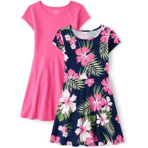 The Children’s Place Girls’ Plaid Stretch Jacquard Short Sleeve Dress(Pink Tropic 2-pack)