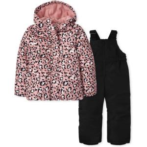 The Children’s Place girls Girls Long Sleeve Leopard 3 in 1 Jacket and Sleeveless Solid Snow Overalls 2-piece Snow Set 2-pack(Sachet Pink)