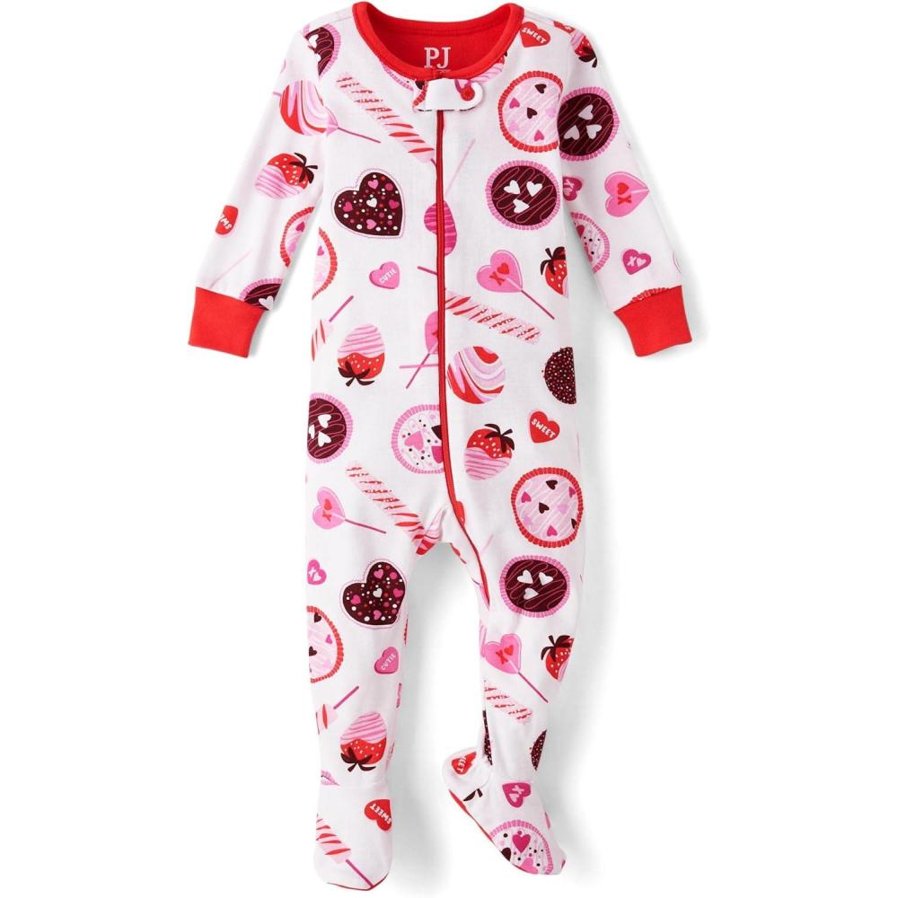imageThe Childrens Place babygirls And Toddler Long Sleeve 100 Cotton Zipfront One Piece Footed PajamaVday Candy