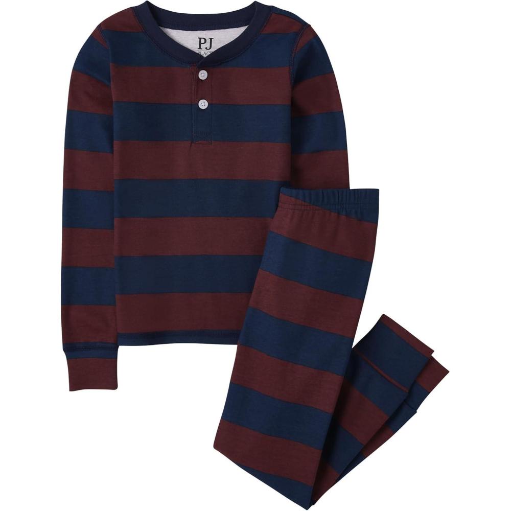 imageThe Childrens Place boys 100 Cotton Long Sleeve Top and Pants2 Piece Pajama SetBurgundy Stripe Henley