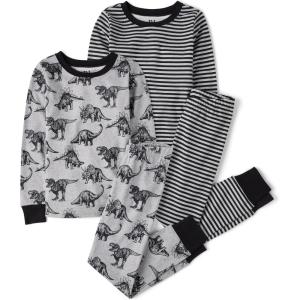The Children’s Place boys 100% Cotton Long Sleeve Top and Pants,2 Piece Pajama Set(Dino Stripe 2-pack)