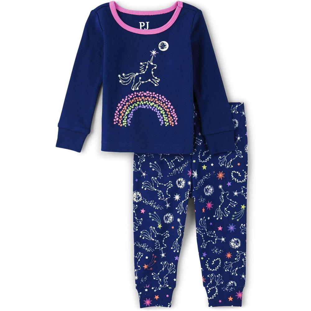 imageThe Childrens Place Baby Girls And Toddler Long Sleeve Top and Pants Snug Fit 100 Cotton 2 Piece Pajama SetGlow Unicorn
