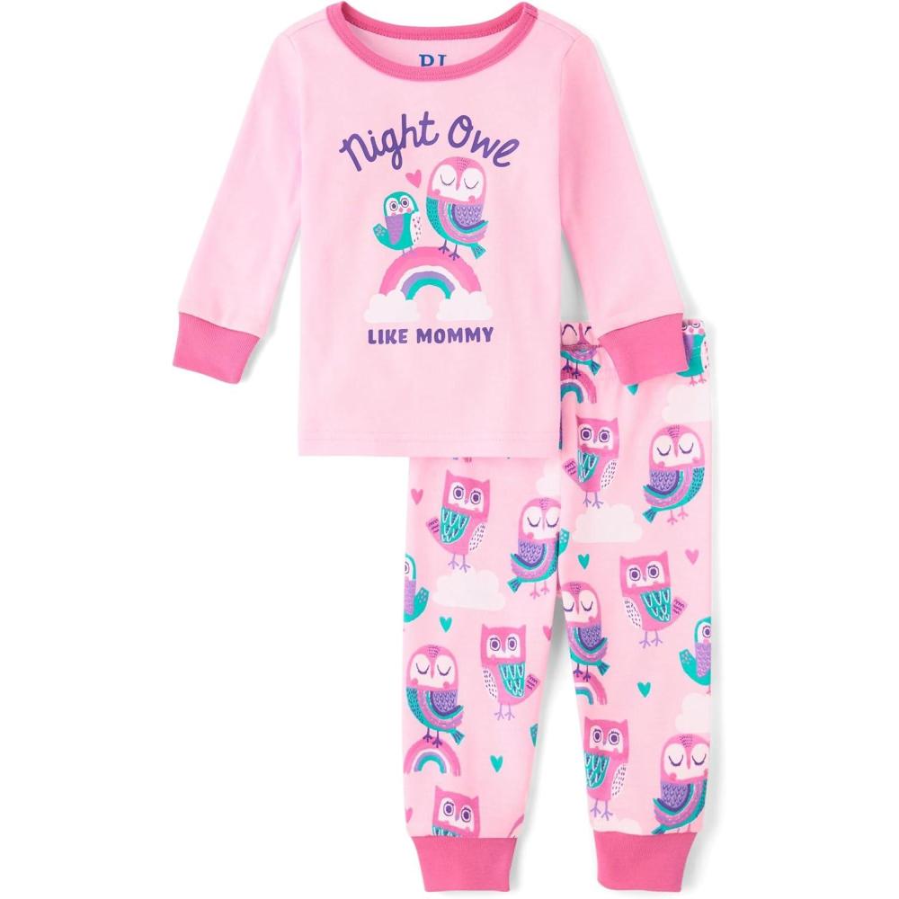 imageThe Childrens Place Baby Girls And Toddler Long Sleeve Top and Pants Snug Fit 100 Cotton 2 Piece Pajama SetPink Night Owl