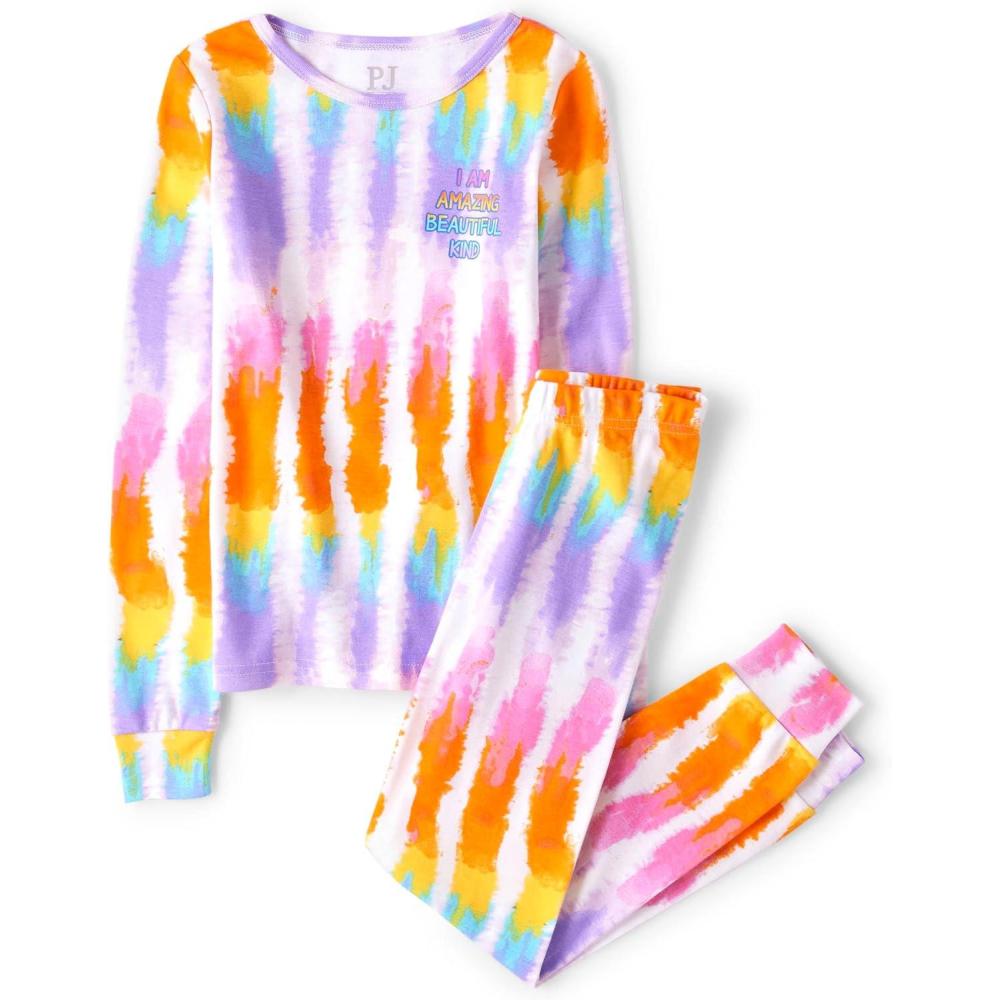 imageThe Childrens Place babygirls Long Sleeve Top and Pants Snug Fit 100 Cotton 2 Piece Pajama SetTide Dye