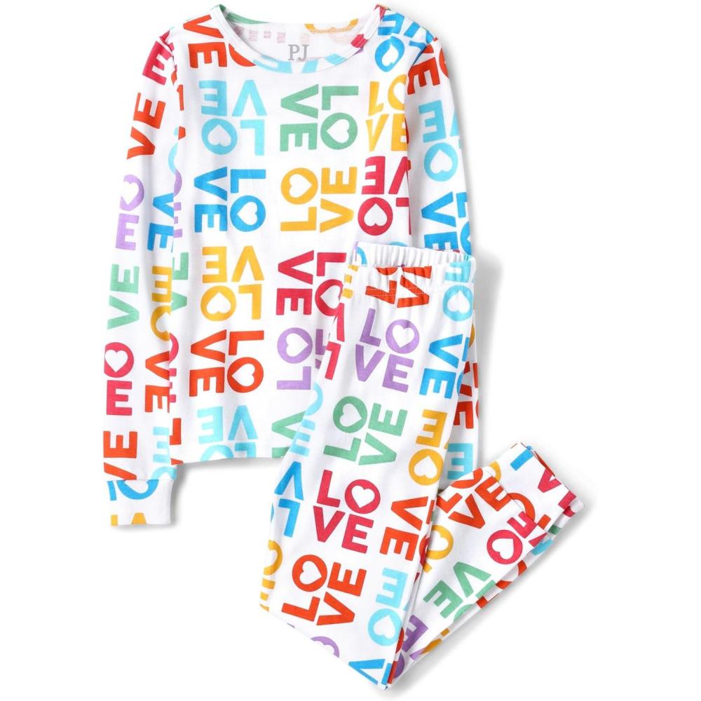 imageThe Childrens Place girls Long Sleeve Top and Pants Snug Fit 100 Cotton 2 Piece Pajama SetMulti Love