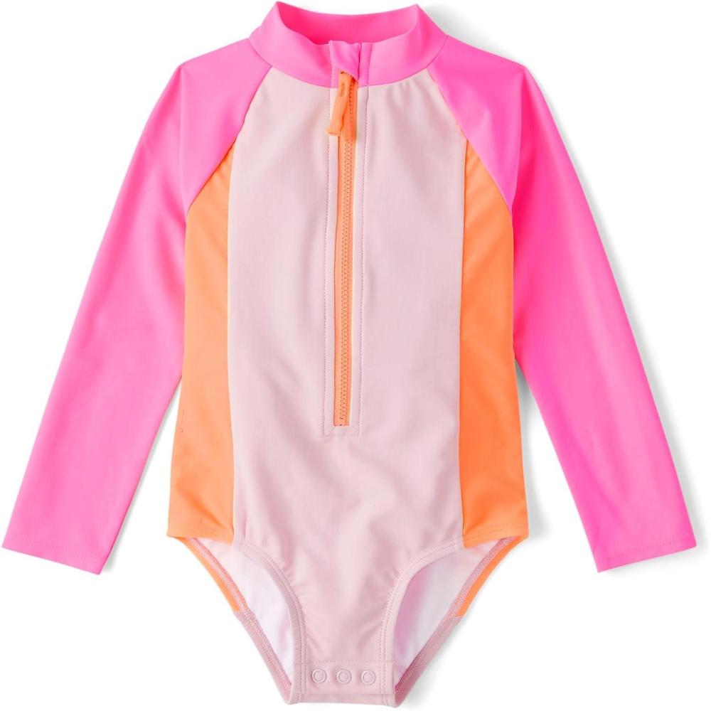 imageThe Childrens Place BabyGirls and Toddler Long Sleeve Half Zip One Piece Rashgaurd SwimsuitNeon Peony