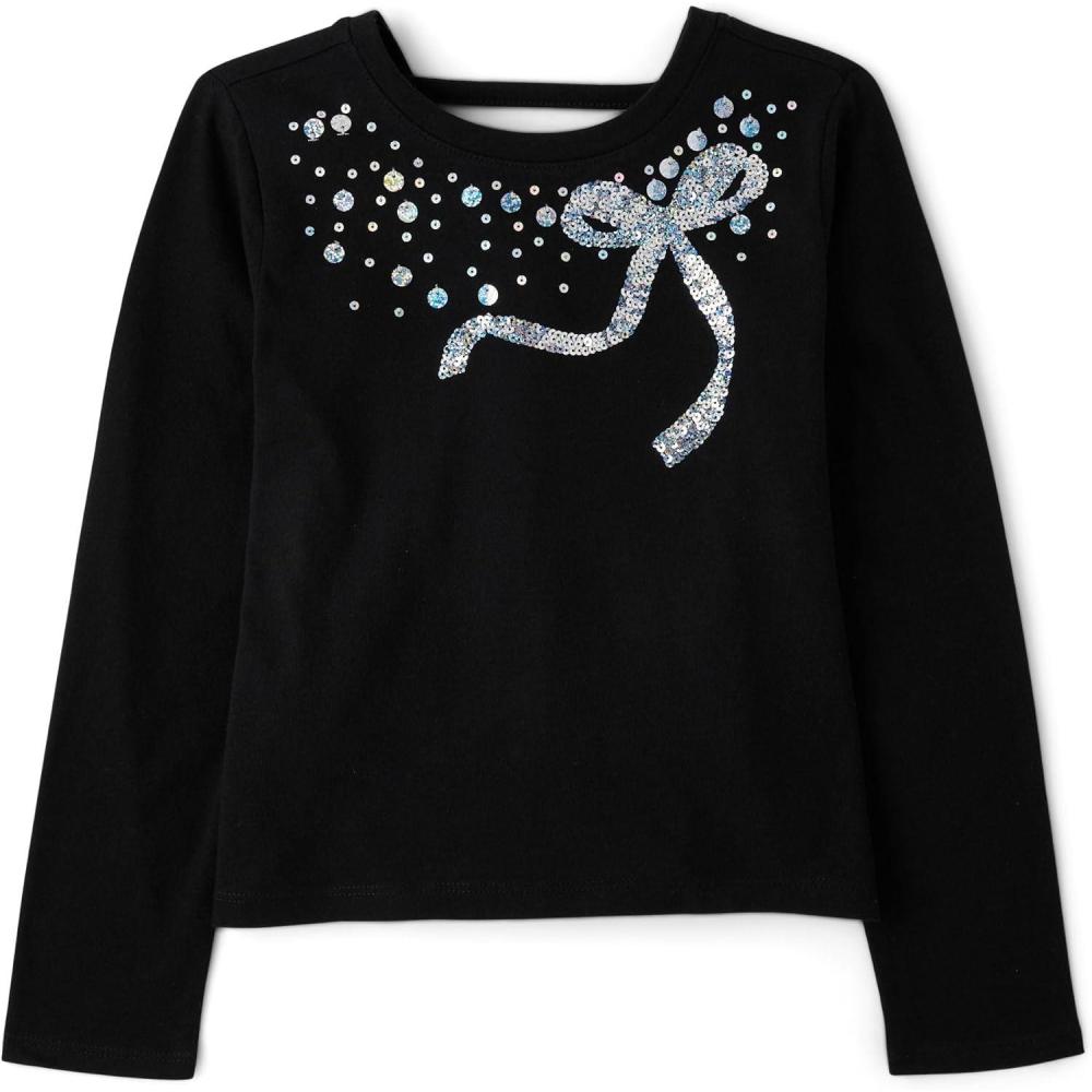 imageThe Childrens Place Girls Long Sleeve Graphic Top with Back DetailBlack Bow